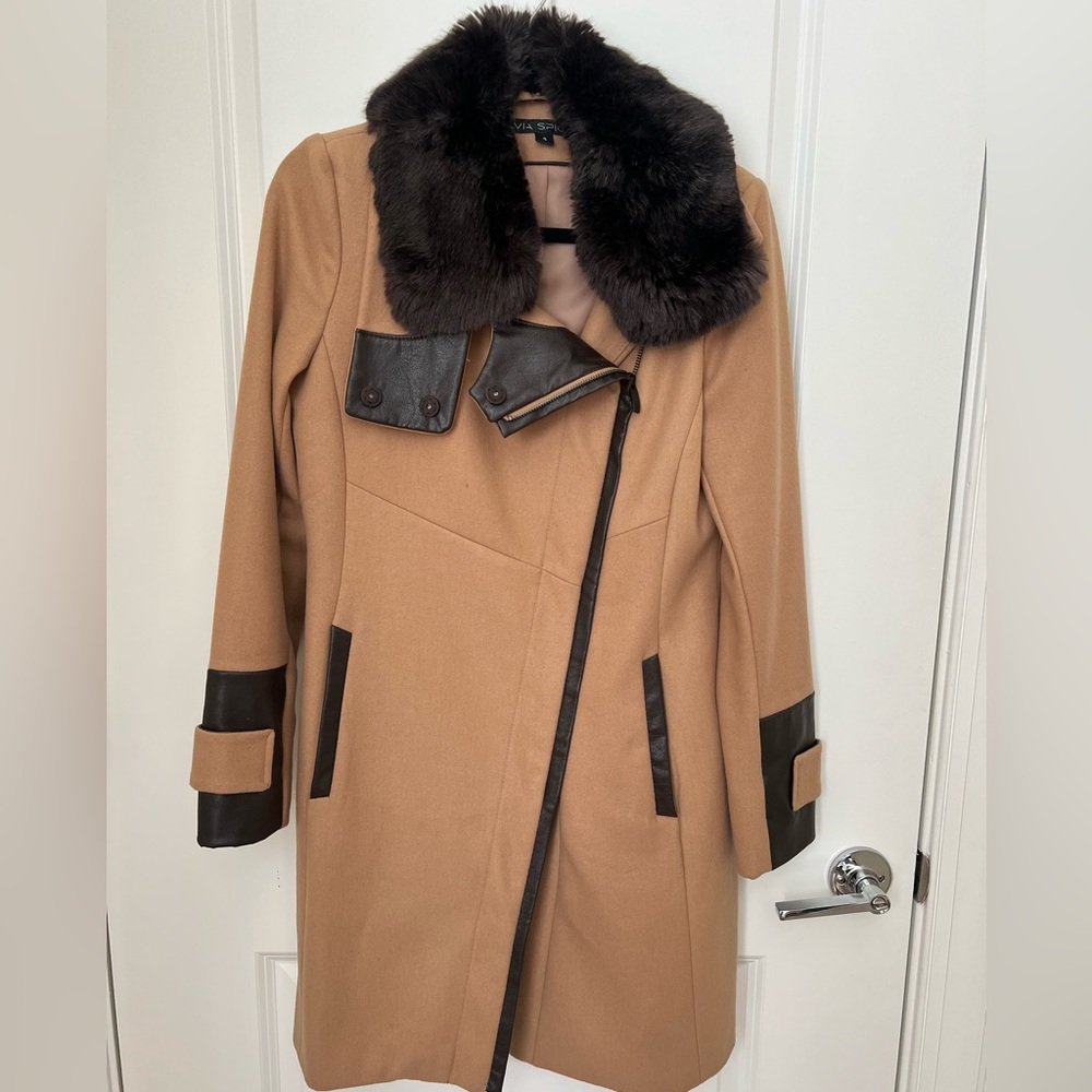 VIA SPIGA Women's Tan Wool Faux Fur Collar Asymmetrical Moto Trench Coat SZ 4
